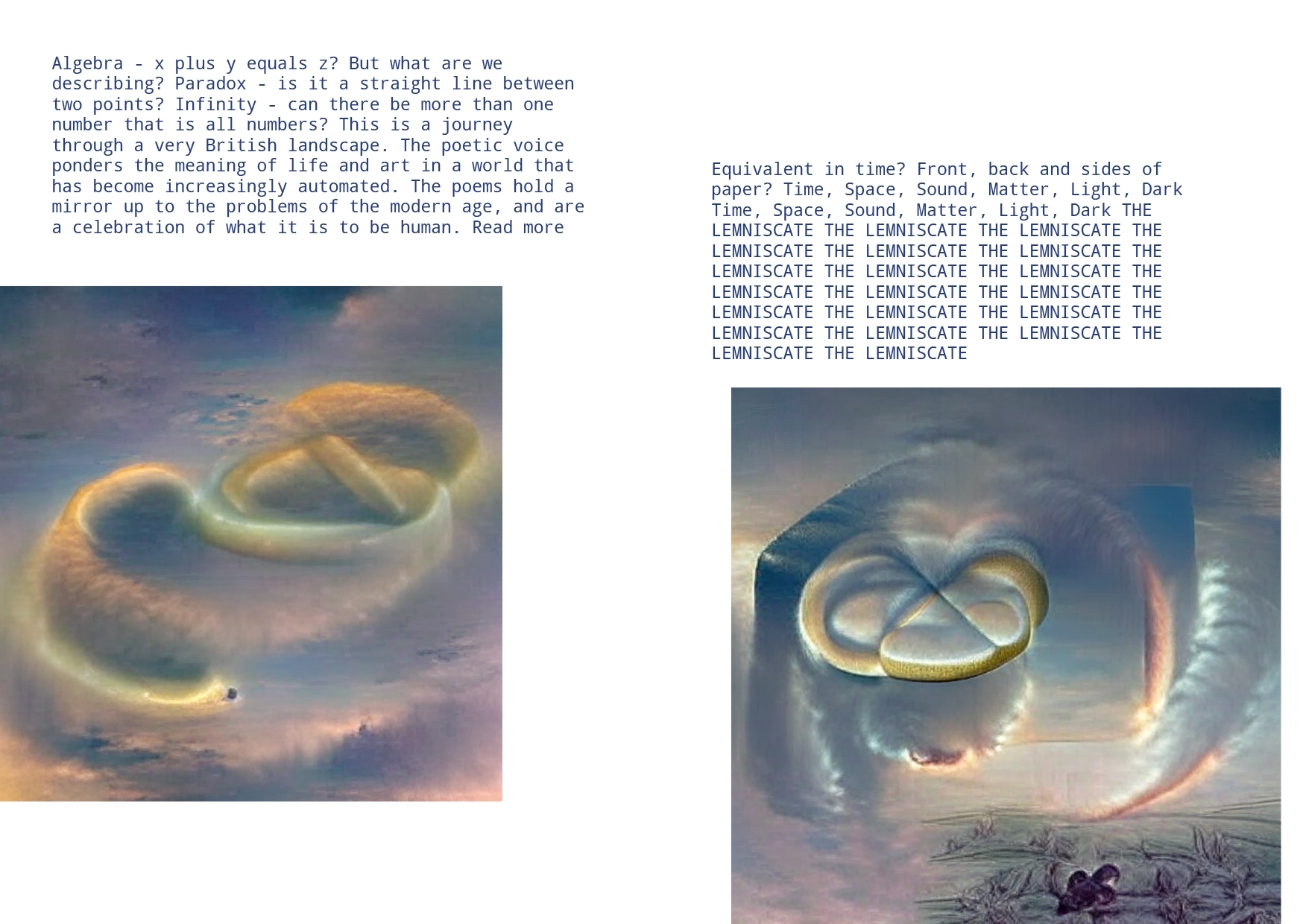 Strange, glowing infinity symbols, one on each side of the page. A poem about infinity - the lemniscate.