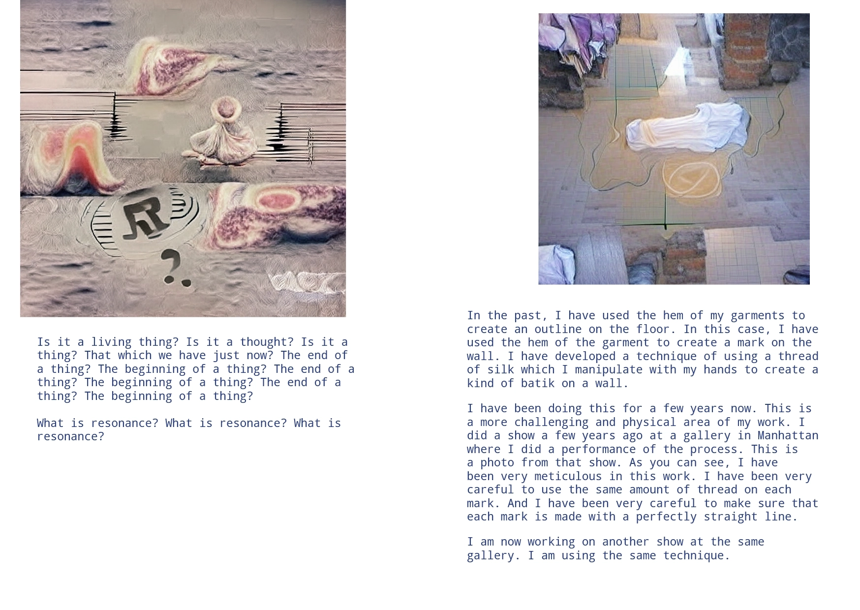 Two soft pinky lilac, abstract images with two poems about resonance.