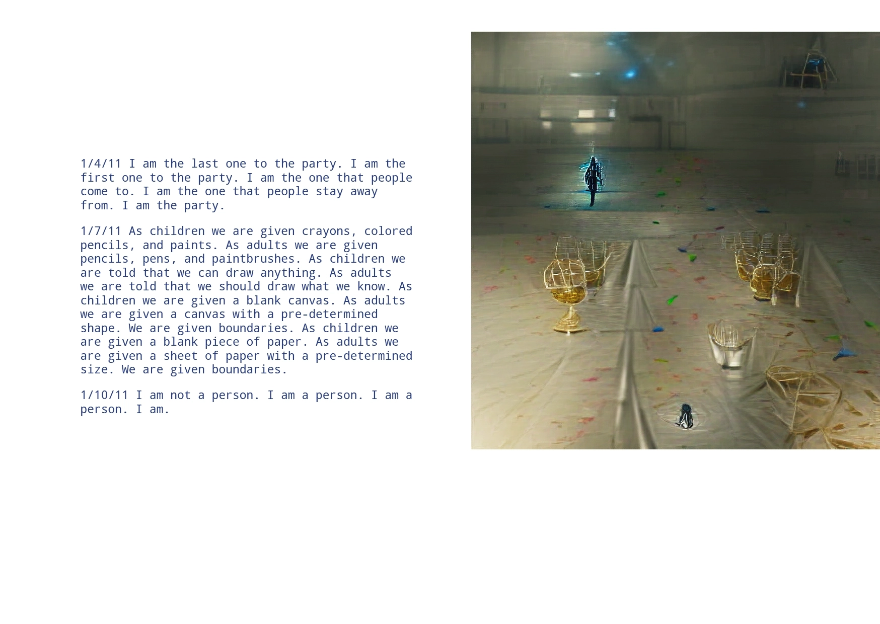 A poem - (1/4/11) I am the last one to the party. I am the first one to the party. Next to it is an abstract image that may be a tablecloth with drinking glasses, and a shadowy figure walking away on the far side of the table.