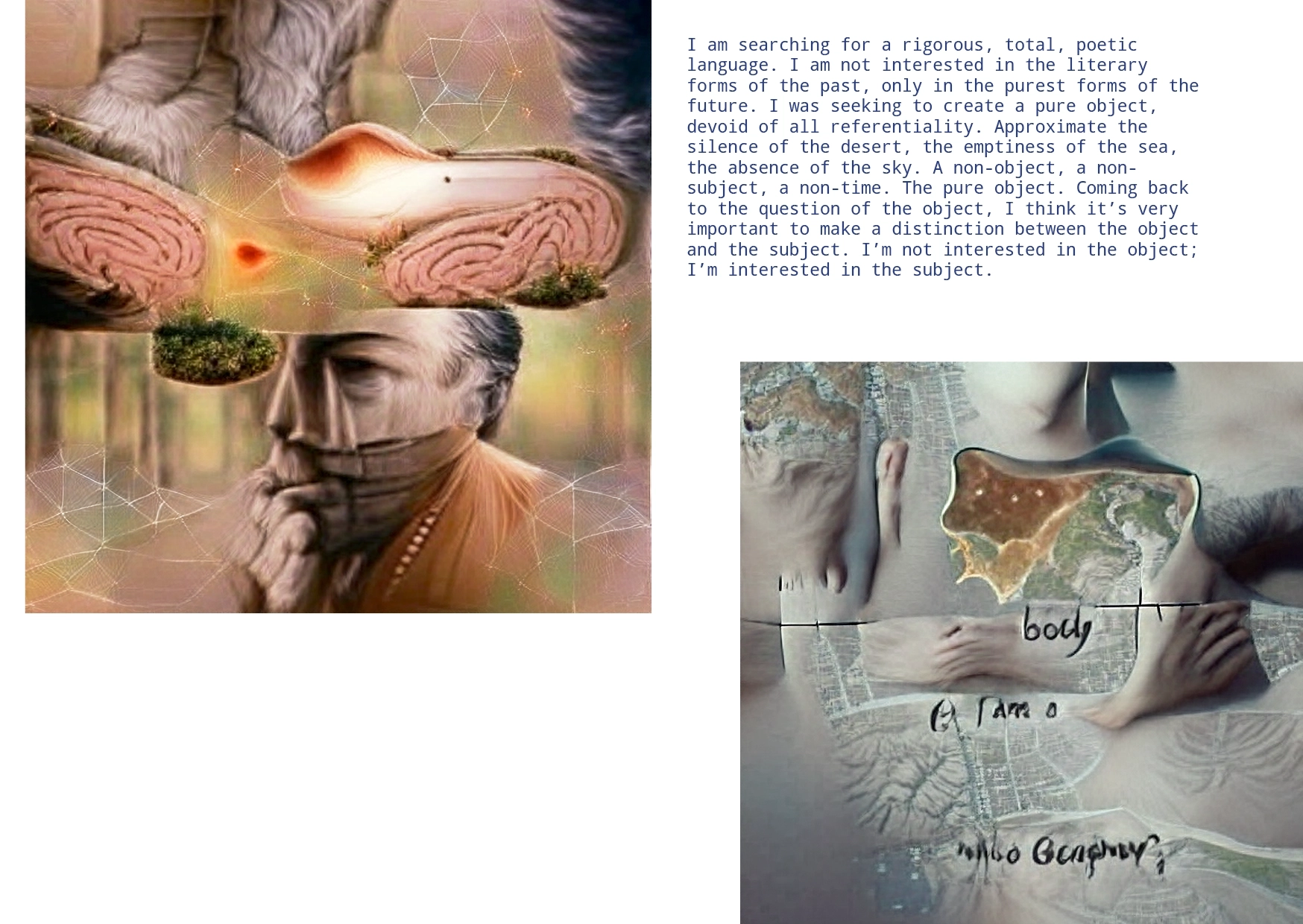 Two soft coloured images, dusky pink and grey, both abstract with possible suggestions of bodies. A poem - I am searching for a rigorous, total, poetic language.