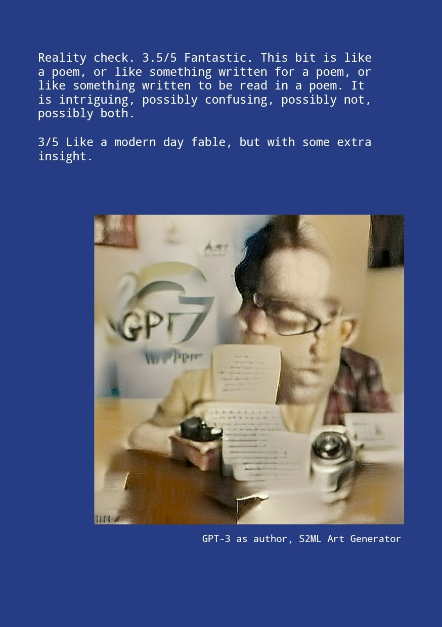 The book back cover with fake reviews and an abstract author image.