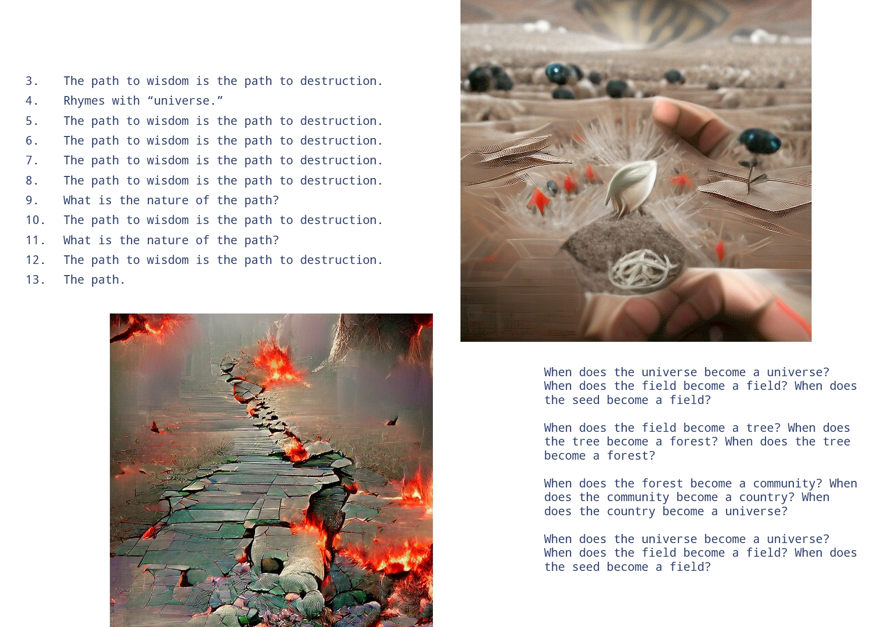 An image showing a fiery path. A poem - The path to wisdom is the path to destruction. A second image with seeds in a strange landscape, next to a poem 'When does the universe become a universe?'.